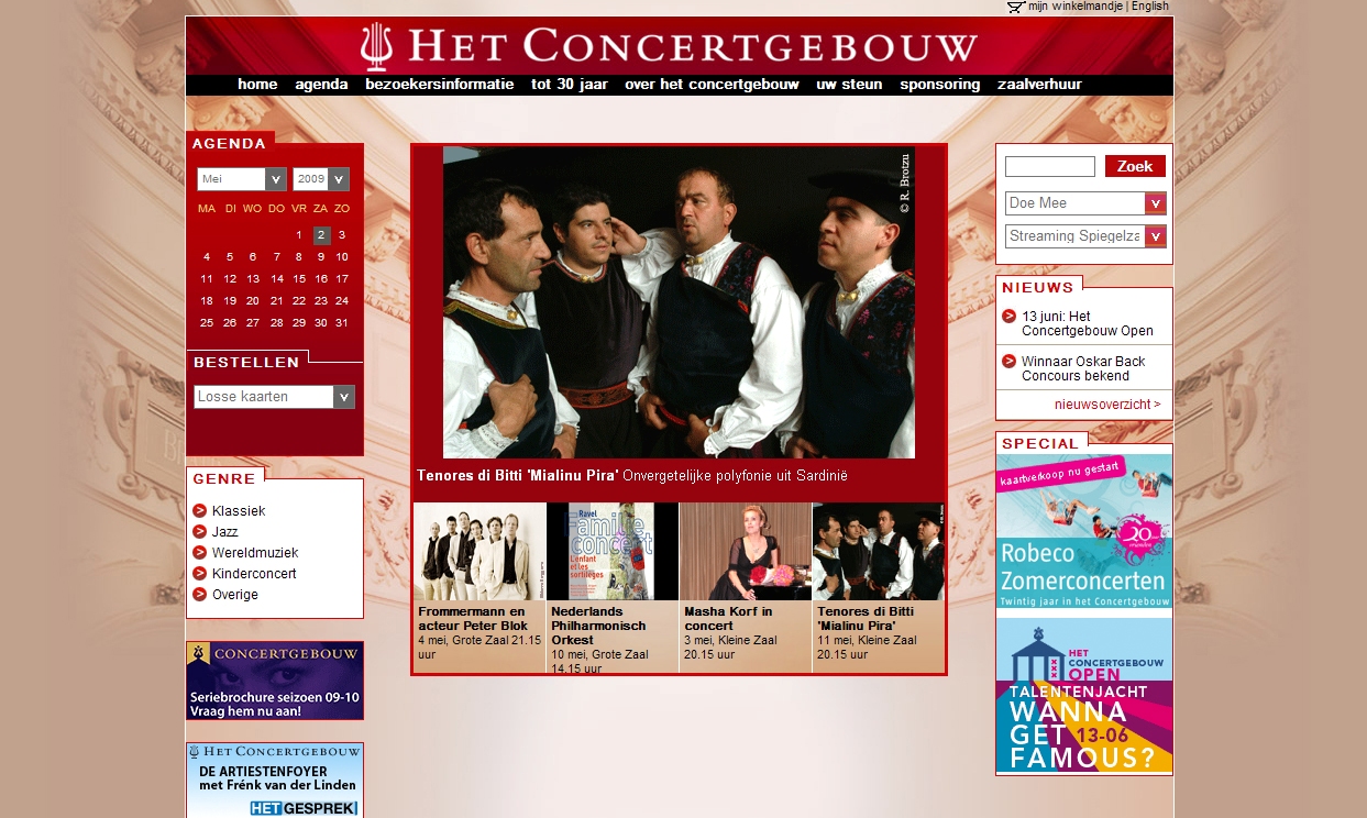 Annuncio sulla home page del sito del Concertgebouw di Amsterdam